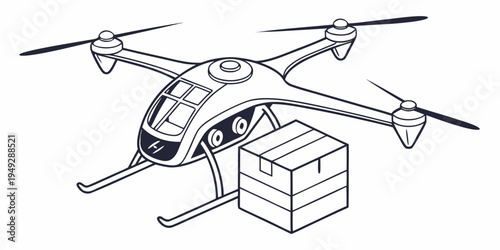A futuristic drone with a package attached, ready for delivery.