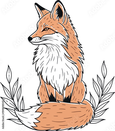 A charming hand-drawn illustration featuring a majestic sitting fox with beautiful orange fur and a bushy tail, surrounded by simple elegant leaf patterns, perfect for various nature-themed designs.