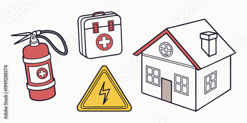 Essential safety items and symbols for home emergency preparedness and awareness