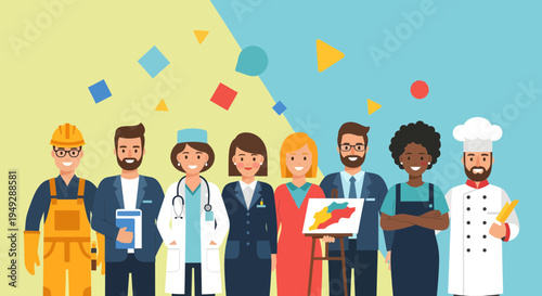 Diverse group of professionals standing together showcasing different careers.