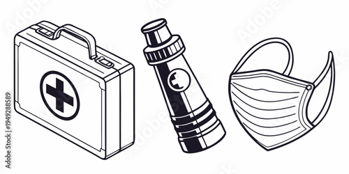 Medical supplies including a first aid kit, water bottle, and face mask