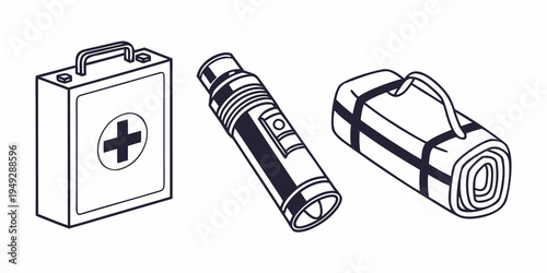 Assorted medical and camping equipment arranged neatly on a white background