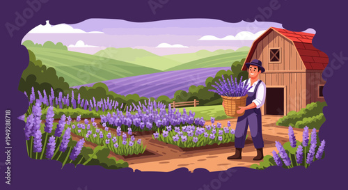 Farmer carrying basket of lavender flowers.