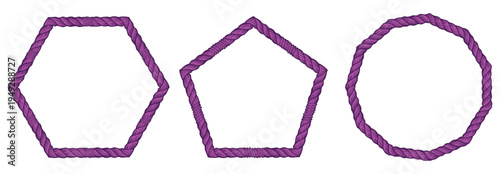 Purple twisted rope geometric frame borders. Hexagon and pentagon blank label shape templates. Nautical string border layout set. Editable vector EPS design element. 