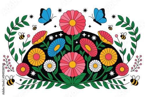 Whimsical garden illustration with vibrant flowers butterflies and bees set in ornate arch on black background