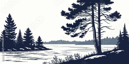 A serene lakeside scene with tall pine trees and a calm water surface under a clear sky.