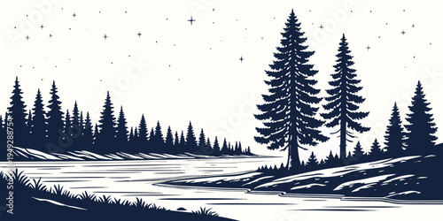 A serene forest landscape with tall trees and a winding river in the background.