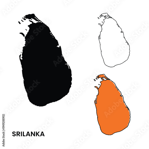 Three different illustrations of Sri Lanka map with orange fill color, black fill color, and outline