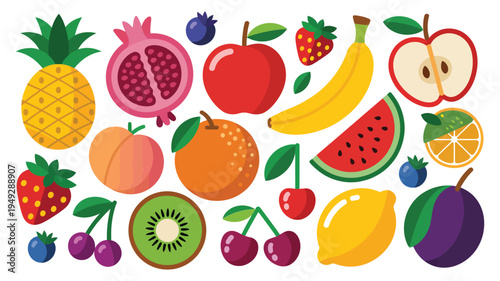 Colorful assortment of fresh organic fruits and berries with bright flat style elements, healthy lifestyle concept, clean nutrition design, premium vector illustration.