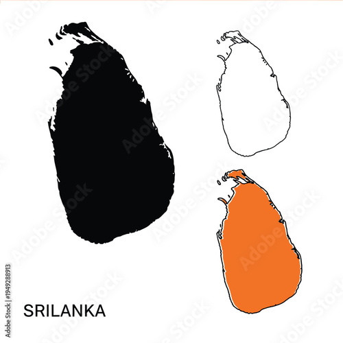 Three different illustrations of Sri Lanka map with orange fill color, black fill color, and outline