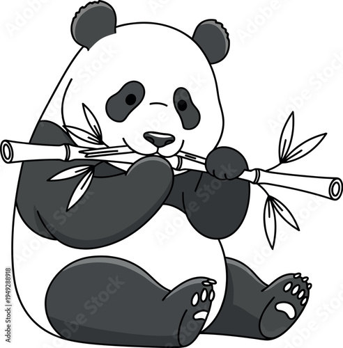 Cute cartoon giant panda character happily sitting and munching on a large stalk of bamboo with fresh green leaves as its favorite food against a simple white background.