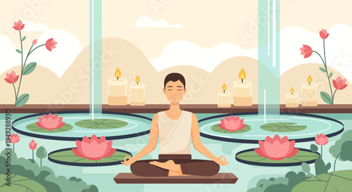 Man meditating peacefully in lotus pose outdoors.