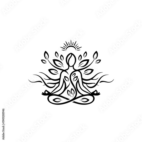 Elegant line art of a spiritual figure in a yoga lotus pose, embodying harmony with nature and wellness