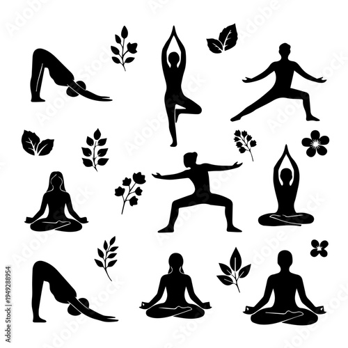 Set of black silhouette yoga pose icons with leaf and flower elements for wellness concepts