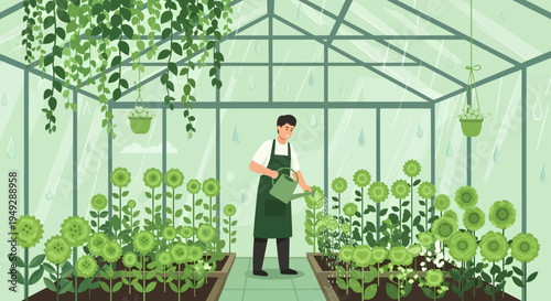 Man tending to plants in a greenhouse.