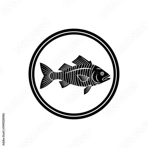 Elegant black and white fish skeleton icon within a double circle, symbolizing ocean heritage and marine life