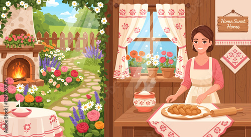 Woman baking bread in a cozy kitchen setting.