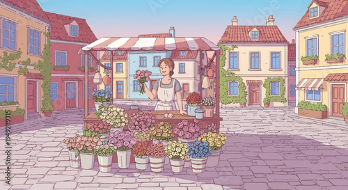 Woman florist selling beautiful flowers at outdoor market stall.