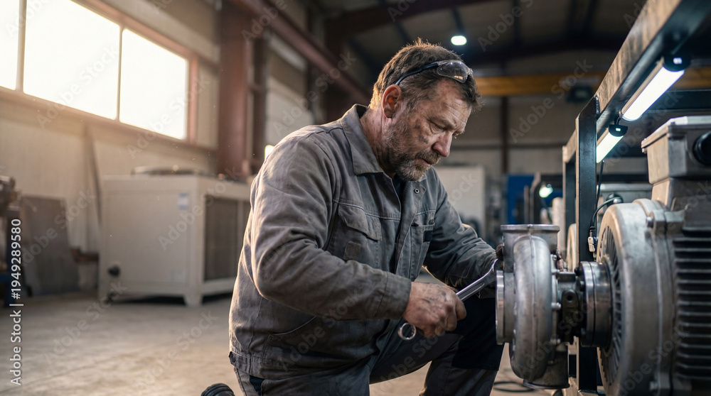 Fototapeta premium A focused mechanic meticulously works on industrial machinery inside a bright workshop, expertly handling a wrench to maintain and repair intricate systems.
