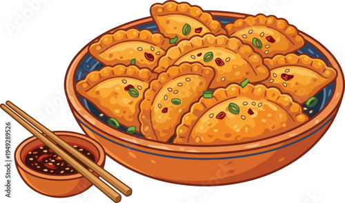 Crispy Fried Dumplings in Bowl Flat Food Illustration