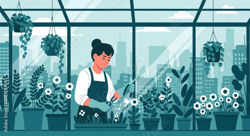 Woman tending to plants in a greenhouse.