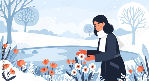 Woman tending to winter flowers in a snowy garden.