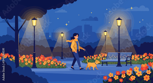Woman walking dog in park at night.