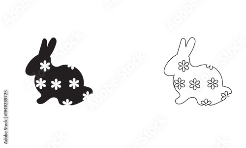 Rabbit Silhouette and Outline Bunny Icon Set. Minimal illustration showing black rabbit silhouette and bunny outline useful for logos, Easter graphics, stencils, icons and simple design projects.