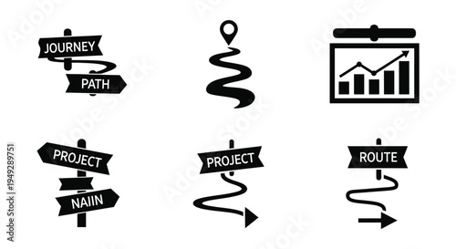 Black signpost icons representing direction progress and planning silhouette