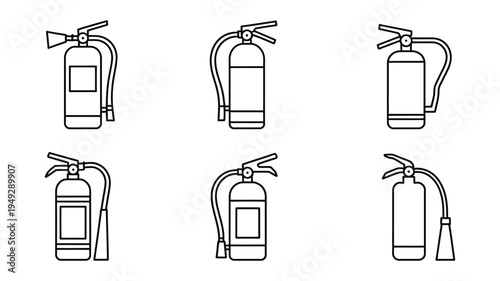 Fire extinguisher icons minimal thin line vector design, clean outline style, safety symbol graphics, white background illustration.