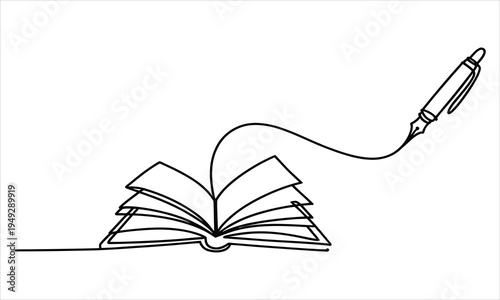 A continuous black line drawing shows an open book and a writing pen on a pristine white background