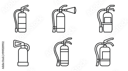 Fire extinguisher icons minimal thin line vector design, clean outline style, safety symbol graphics, white background illustration.