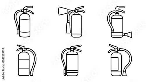 Fire extinguisher icons minimal thin line vector design, clean outline style, safety symbol graphics, white background illustration.