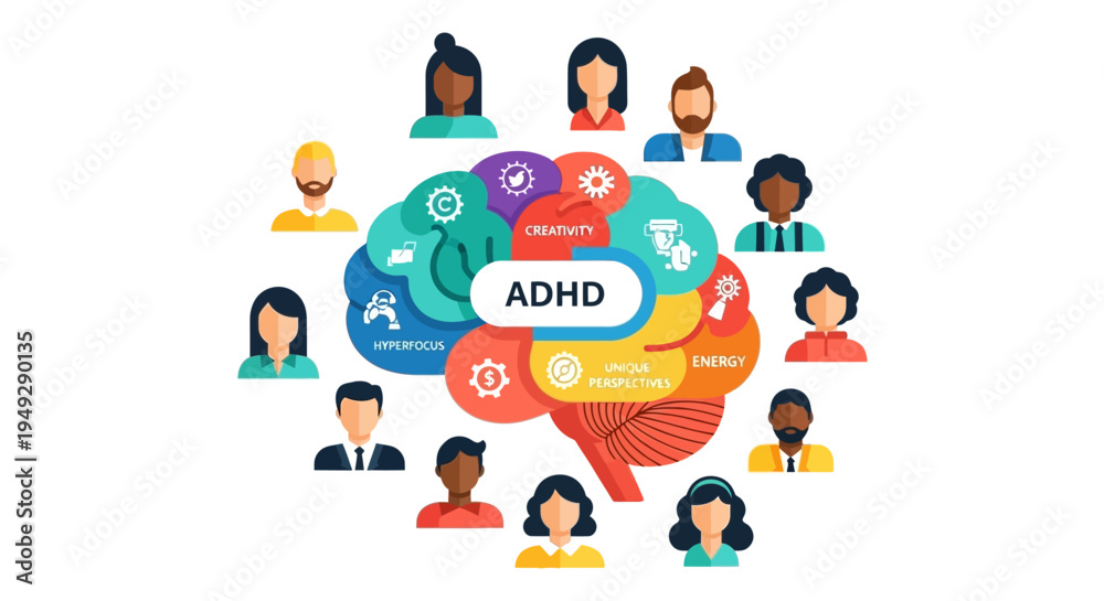 Fototapeta premium ADHD Strengths Infographic: Neurodiversity, Creativity, Hyperfocus, and Unique Perspectives in Diverse People