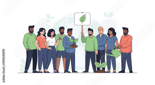 Diverse Group Promoting Environmental Protection, Planting Trees, and Nurturing Nature for a Sustainable Future