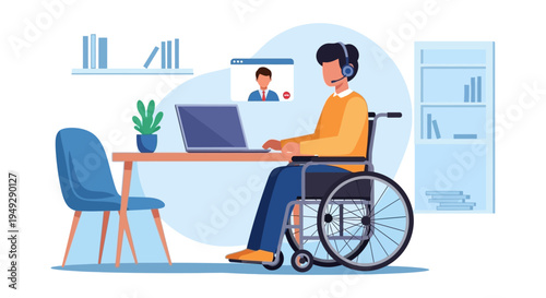Inclusive Remote Work: Person with Disability in Wheelchair Attending Online Video Conference from Home Office