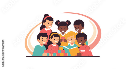 Happy Diverse Kids Playing & Learning: Multicultural Children Engaging with Blocks & Books, Illustrating Teamwork & Early Education