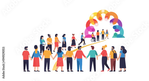 Diverse Community's Inclusive Journey: People Walking Together Towards a Vibrant, Equitable Future with Support and Unity