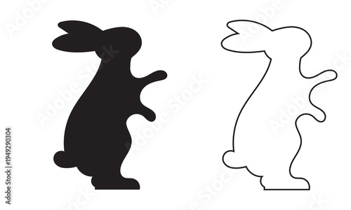 Rabbit Silhouette and Outline Bunny Icon Set. Minimal illustration showing black rabbit silhouette and bunny outline useful for logos, Easter graphics, stencils, icons and simple design projects.