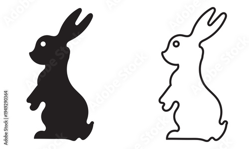 Rabbit Silhouette and Outline Bunny Icon Set. Minimal illustration showing black rabbit silhouette and bunny outline useful for logos, Easter graphics, stencils, icons and simple design projects.