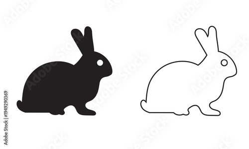 Rabbit Silhouette and Outline Bunny Icon Set. Minimal illustration showing black rabbit silhouette and bunny outline useful for logos, Easter graphics, stencils, icons and simple design projects.
