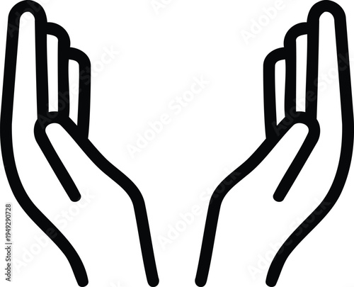 Minimal prayer hands and finger heart gesture line icons collection representing love, gratitude, hope, spirituality and positive emotions in modern outline style.