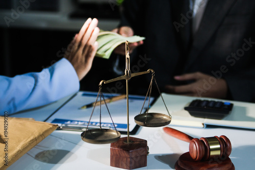 Consultation and conference of professional businesswoman and Male lawyers working and discussion having at law firm in office. Concepts of law, Judge gavel with scales of justice