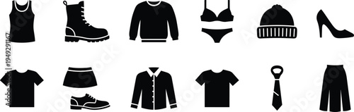Clothing and Fashion Silhouette Icon Set with Shirts Jacket Shoes Boots Hat Tie Skirt and Apparel Collection Isolated on White Background