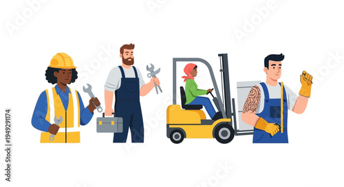 Diverse Blue-Collar Workforce: Skilled Trades Professionals in Construction, Mechanics, and Logistics - Modern Flat Vector Illustration