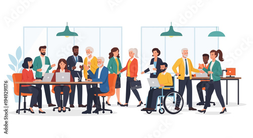 Diverse Business Team Collaboration in Modern Inclusive Office: Multi-Generational, Multi-Ethnic Professionals Working Together