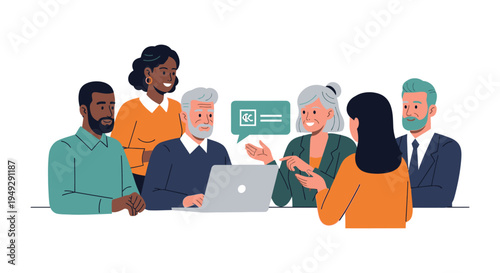 Diverse Business Team Collaborating in a Meeting with Laptop - Vector Illustration