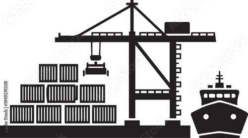 Black vector illustration of a cargo crane loading shipping containers onto a ship isolated on transparent background