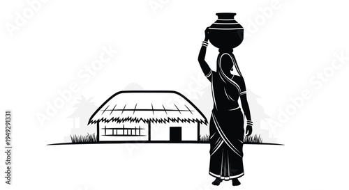 Indian woman carrying a pot on her head rural scene silhouette