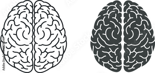 Human brain outline and silhouette in monochrome flat design for medical illustration